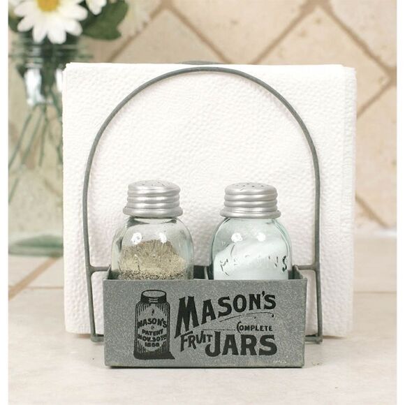 NEW! Farmhouse Mason Jars Box Salt Pepper and Napkin Caddy Holder Rustic Country - Picture 1 of 2